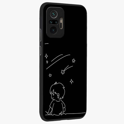Line Art Boy With Shooting Stars Glass Case upright view showcasing artistic shooting star illustration with minimal style.