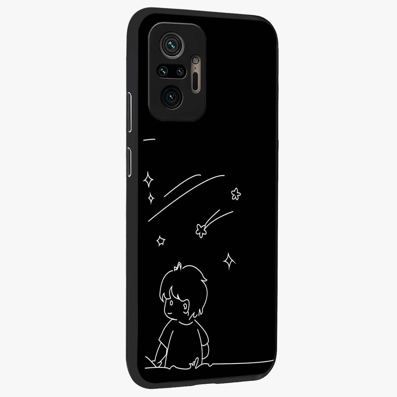 Line Art Boy With Shooting Stars Glass Case upright view showcasing artistic shooting star illustration with minimal style.