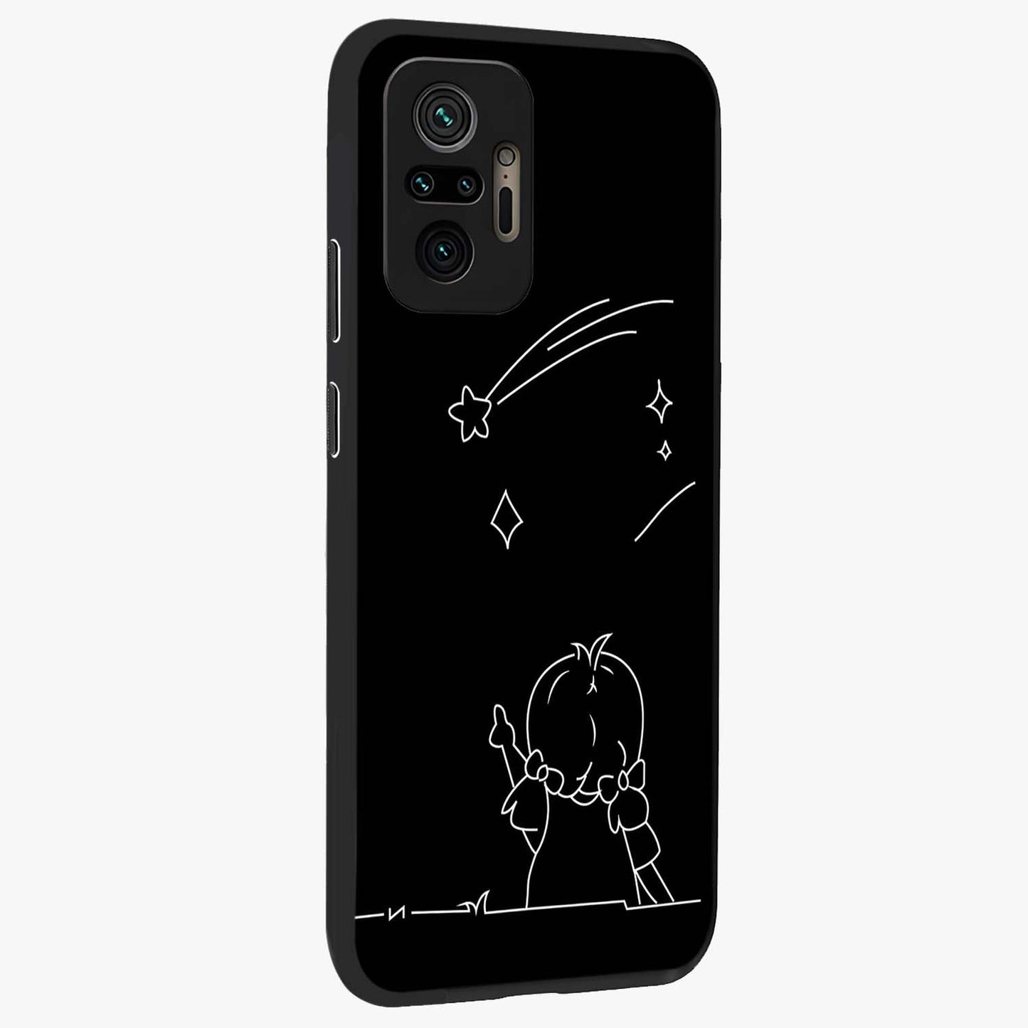 Line Art Girl With Shooting Stars Glass Case upright view showcasing delicate shooting stars artwork with minimal artistic theme.