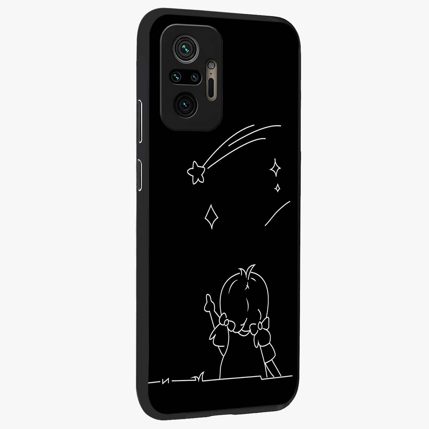Line Art Girl With Shooting Stars Glass Case upright view showcasing delicate shooting stars artwork with minimal artistic theme.