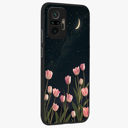 Midnight Tulip Whispers Vibe Glass Case upright view showcasing graceful tulip artwork with calm botanical theme.
