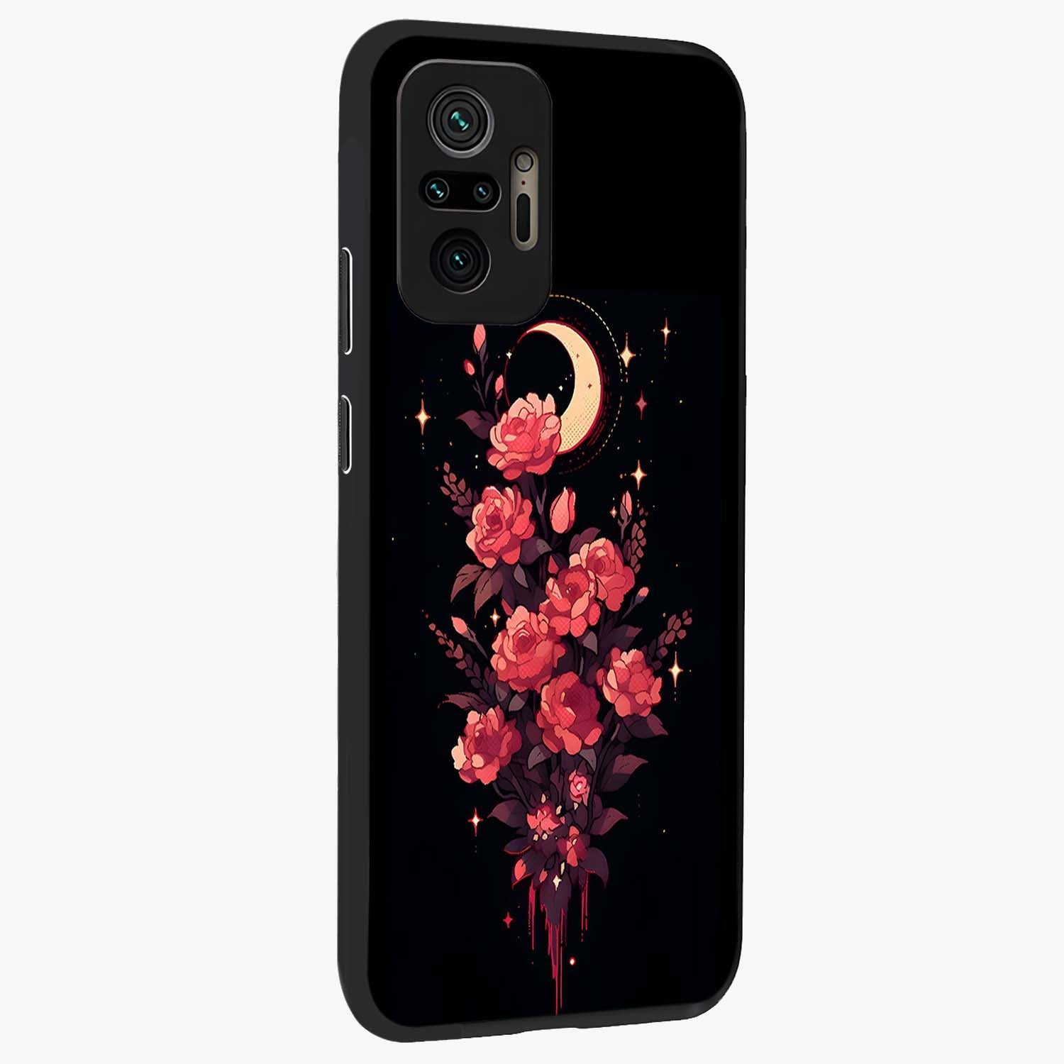 Moonlit Floral Elegance Glass Case upright view showcasing delicate floral artwork with refined night inspired theme.