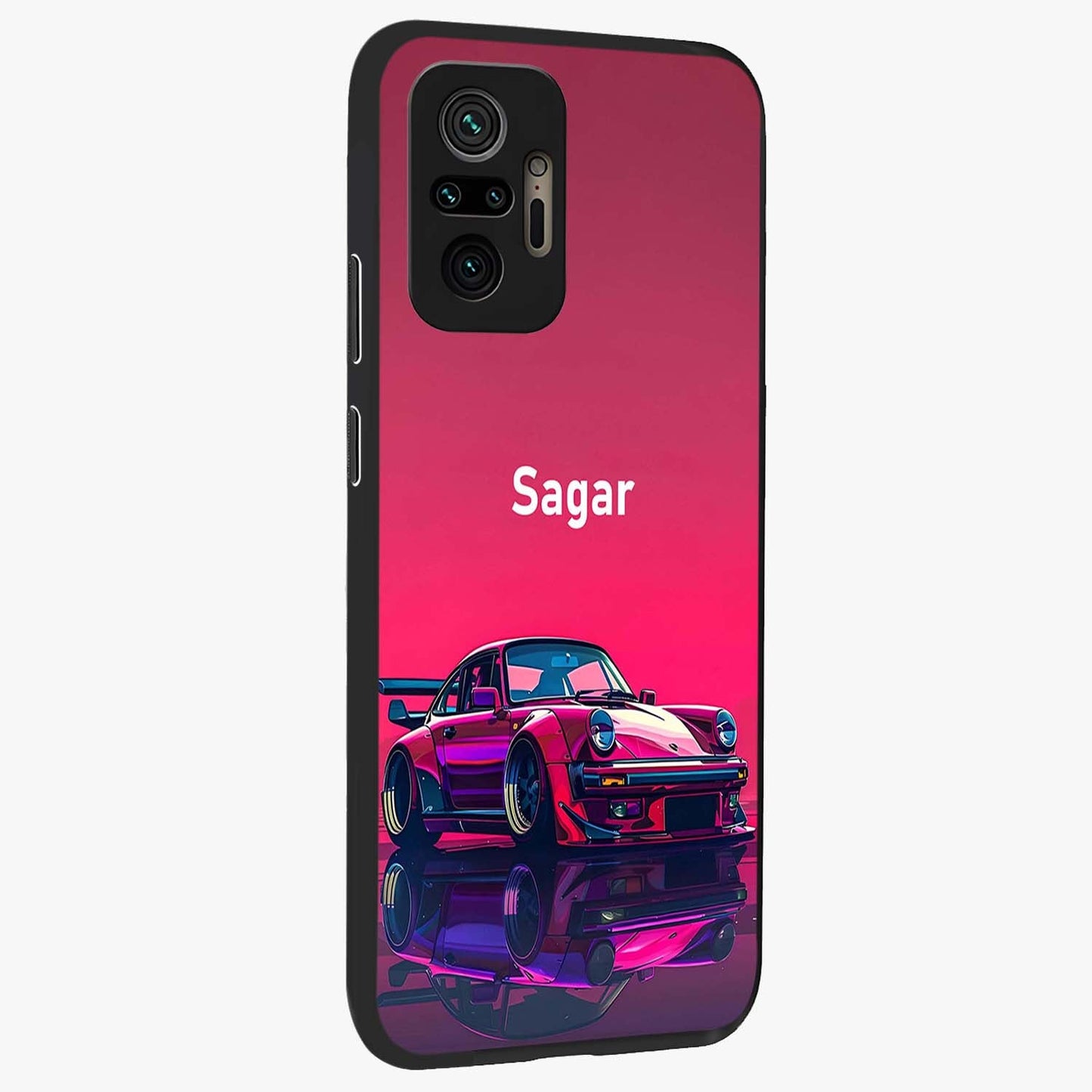 Neon Pink Porsche Glass Case upright view showcasing vibrant sports car artwork with bold automotive theme.