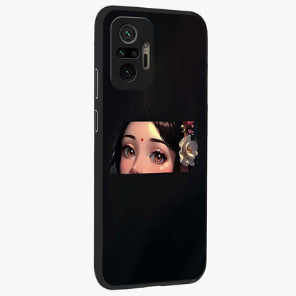 Radha Divine Embrace Glass Case upright view showcasing sacred Radha themed artwork with peaceful devotional style.