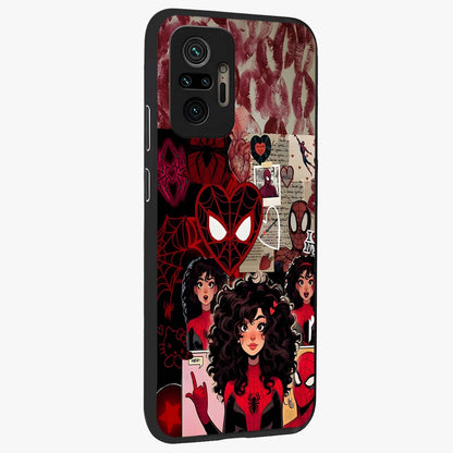 Spider Love Story Glass Case upright view showcasing charming superhero artwork with romantic comic theme.