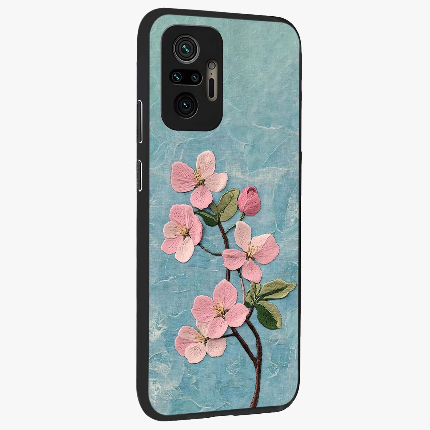 Threaded Blossom Breeze Glass Case upright view showcasing graceful flower artwork with calm botanical theme.