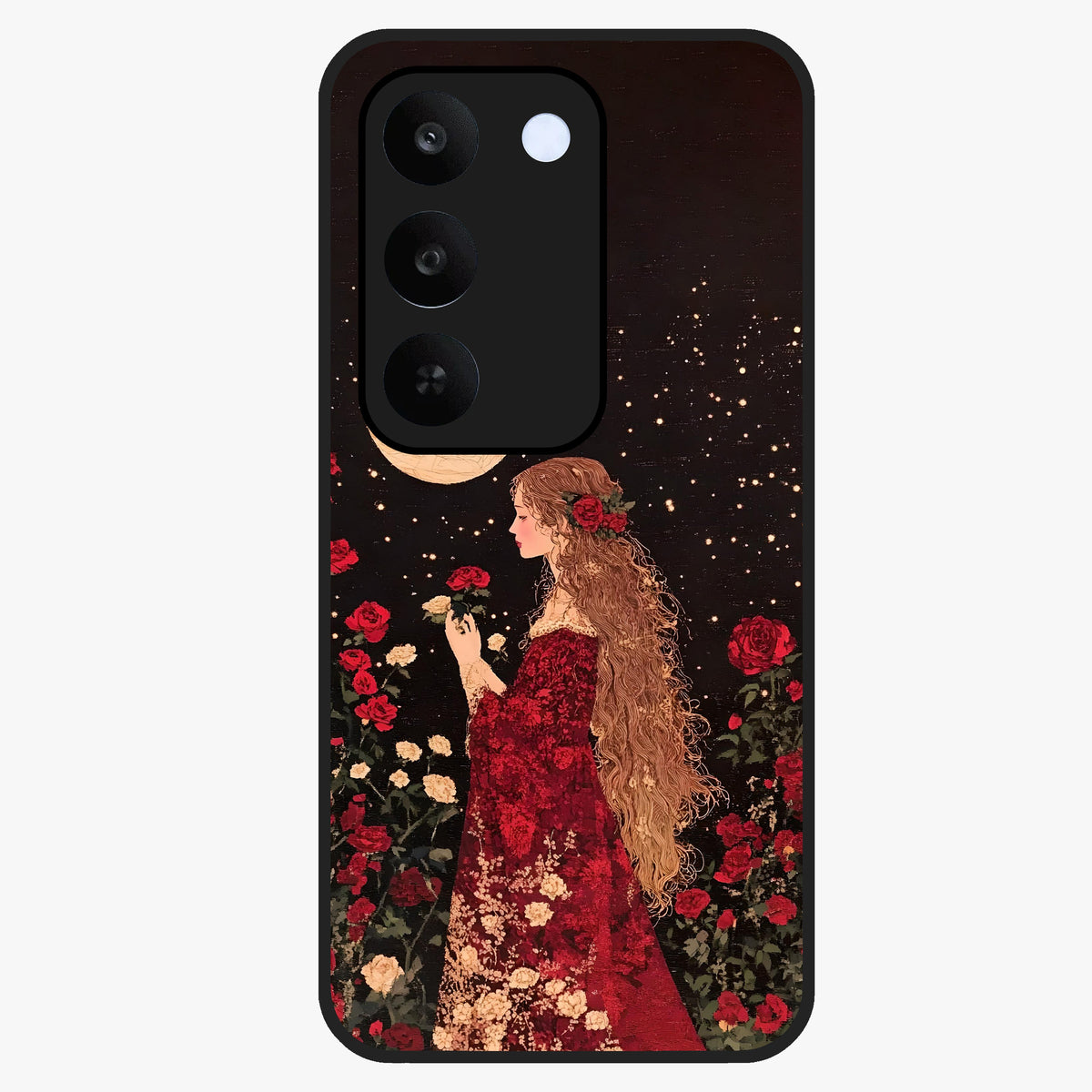 Crimson Dreams Glass Case showing flat back view with dreamy crimson artwork and glossy glass finish.