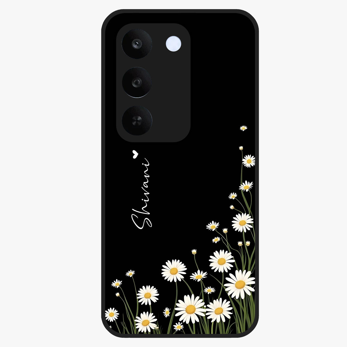 Daisy Cascade Custom Name Glass Case showing flat back view with cascading daisy flowers and personalized name design.
