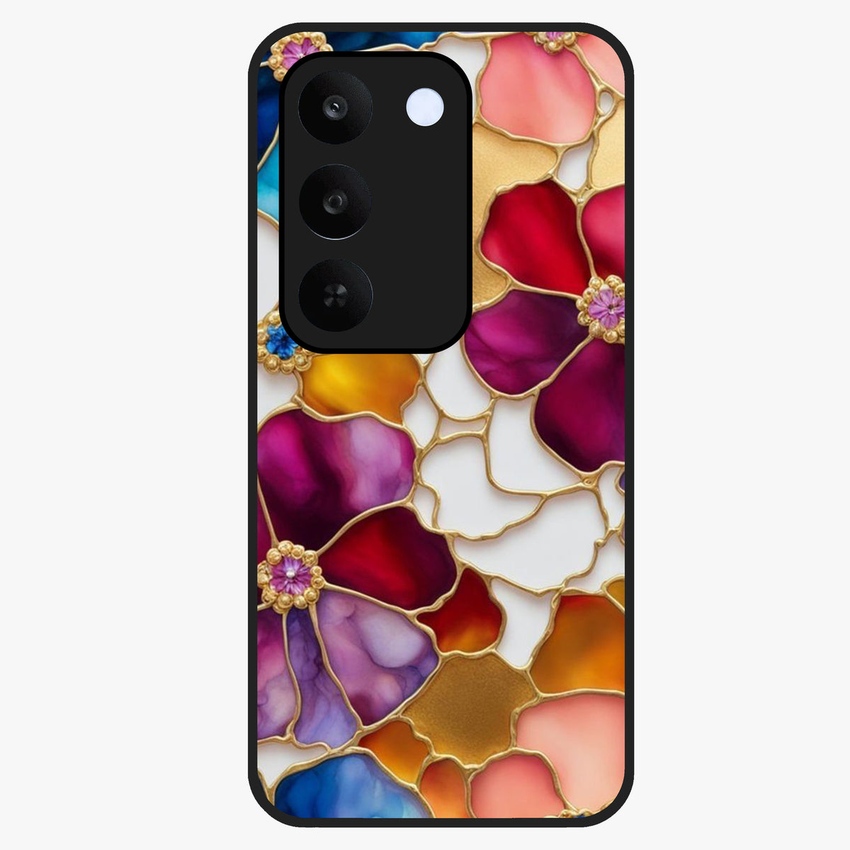 Marble Flower Pattern Glass Case showing flat back view with marble texture floral artwork and glossy glass finish.