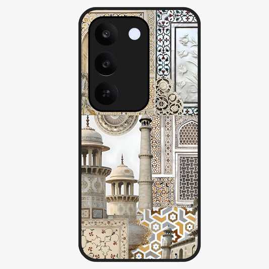 Mughal Marble Legacy Glass Case showing flat back view with intricate Mughal inspired marble pattern and glossy glass finish.