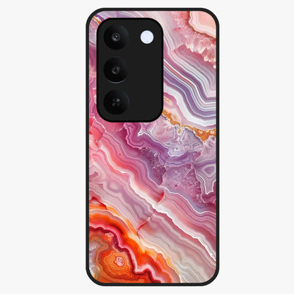 Rose Quartz Marble Glass Case showing flat back view with pink marble quartz texture artwork and glossy glass finish.