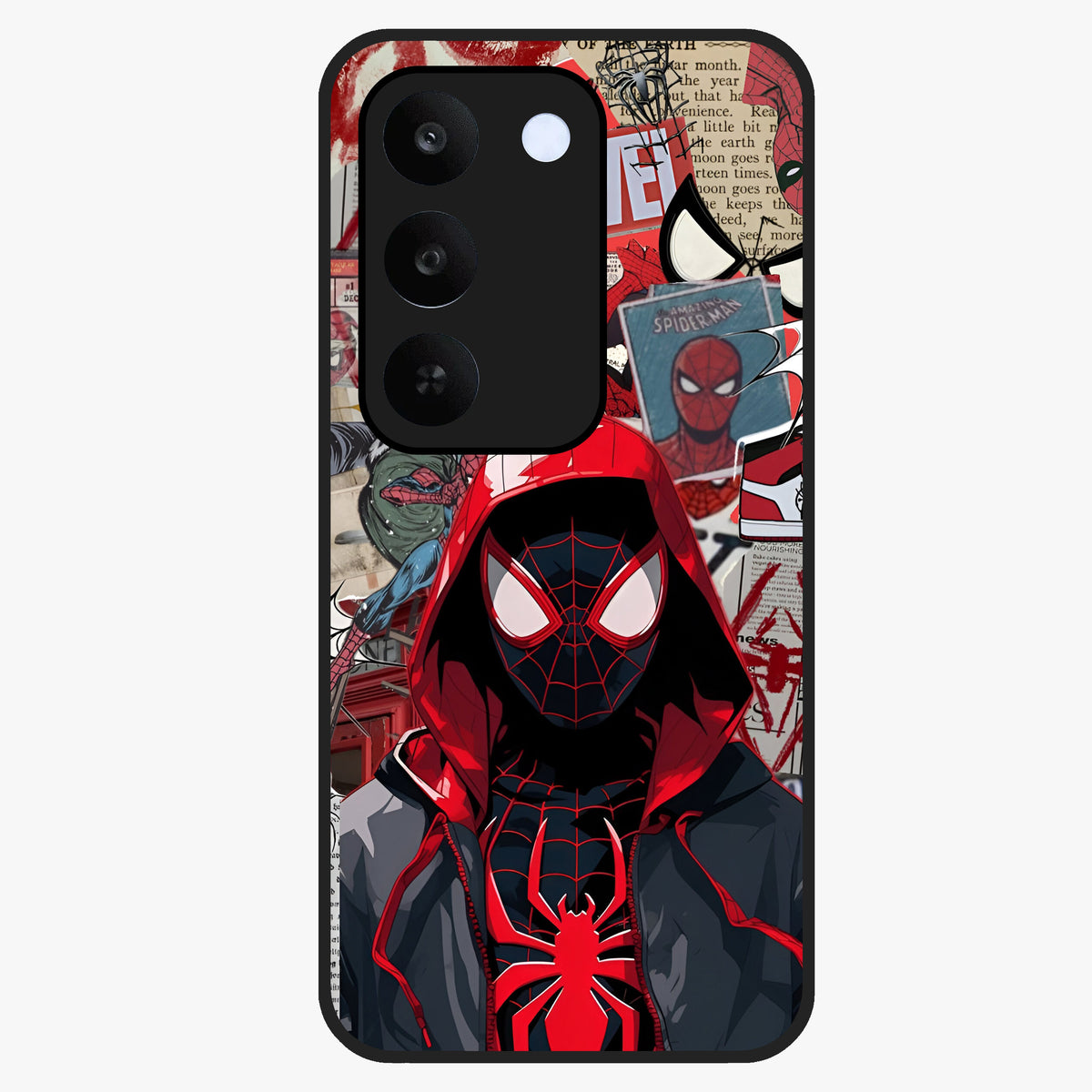 Spider Collage Street Glass Case showing flat back view with vibrant superhero collage artwork and glossy glass finish.
