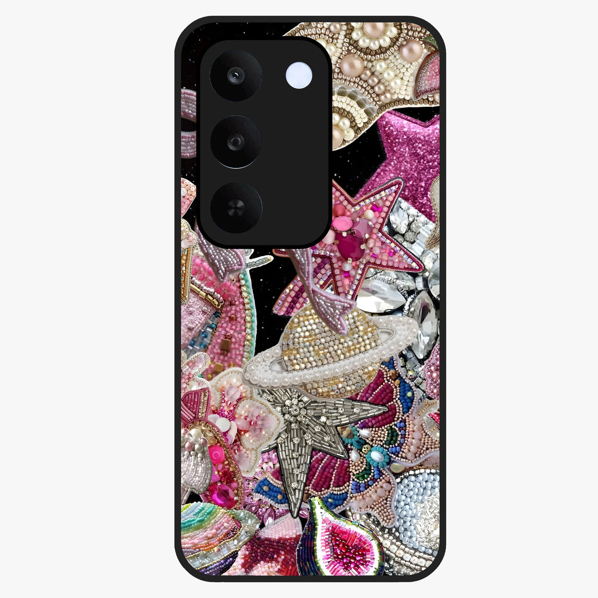Starlit Jewel Dream Glass Case showing flat back view with sparkling jewel and star themed artwork and glossy glass finish.