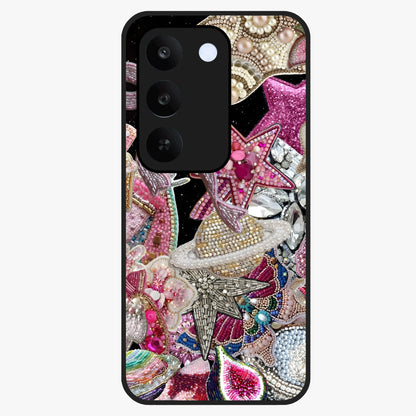 Starlit Jewel Dream Glass Case showing flat back view with sparkling jewel and star themed artwork and glossy glass finish.