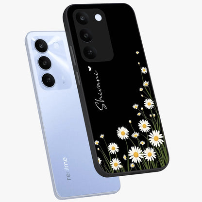 Daisy Cascade Custom Name Glass Case displayed in angled mockup highlighting delicate daisy artwork with custom name feature.