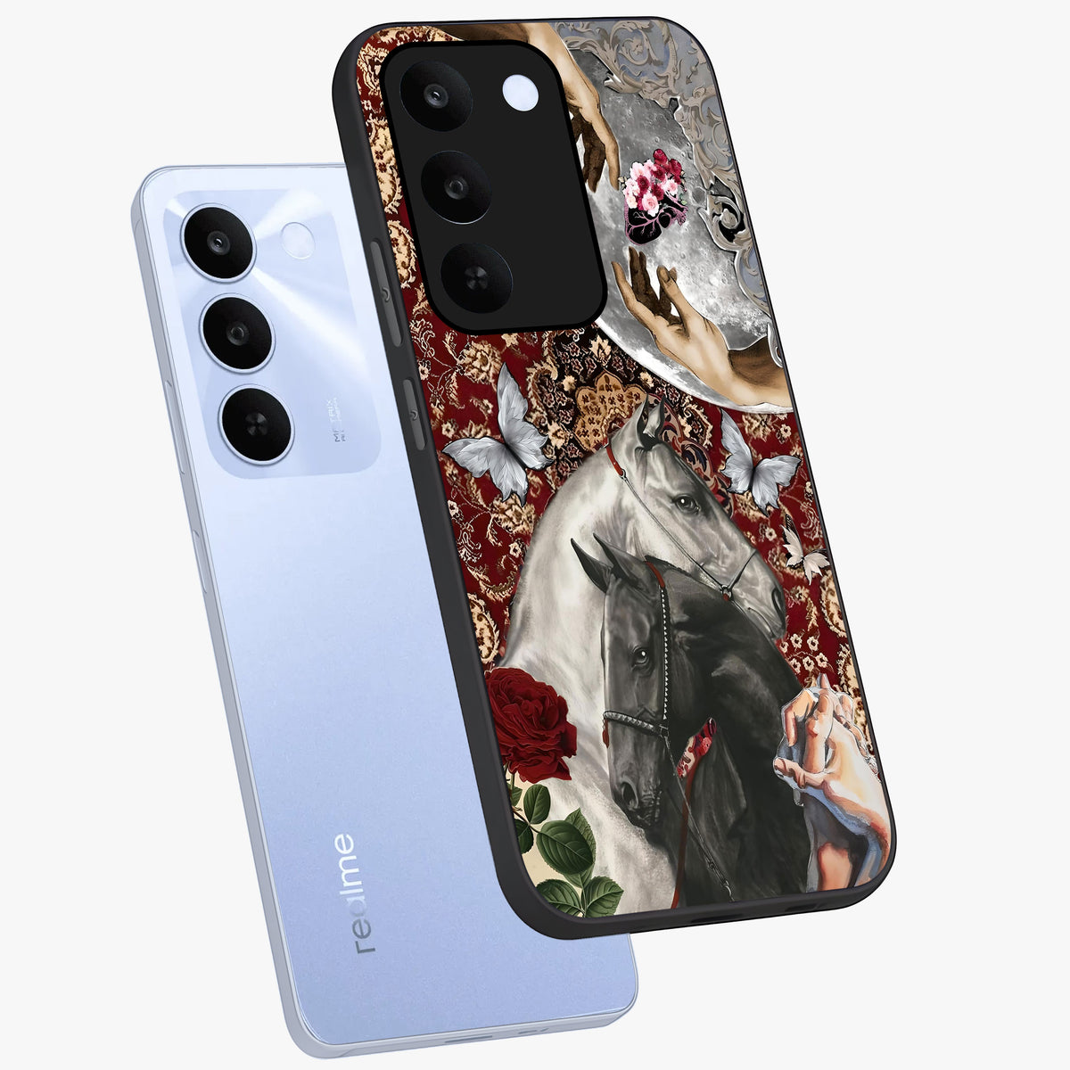 Moonlit Royal Stallion Glass Case displayed in angled mockup highlighting powerful stallion illustration with royal night aesthetic.