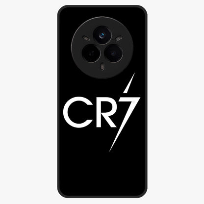 Cr7 Elite Strike Glass Case showing flat back view with dynamic football inspired artwork and glossy glass finish.