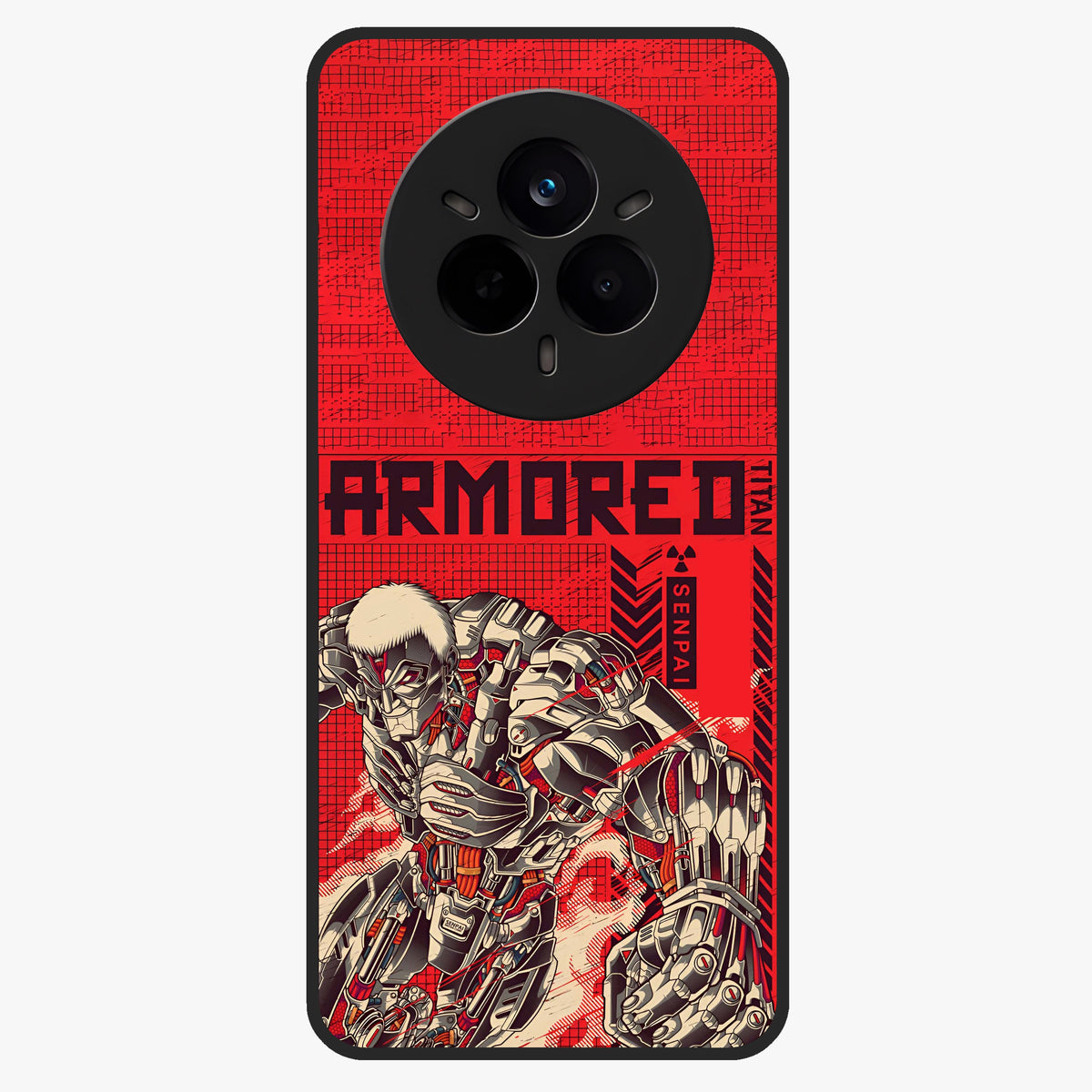 Crimson Mecha Titan Glass Case showing flat back view with powerful mech titan artwork and glossy glass finish.