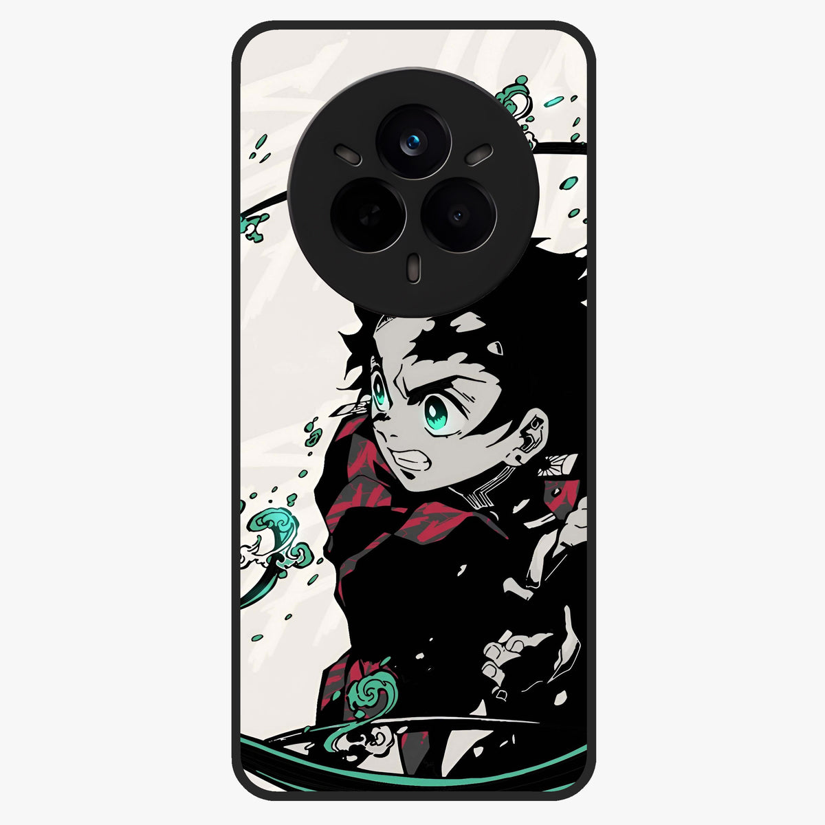 Demon Slayer Glass Case showing flat back view with bold anime inspired artwork and glossy glass finish.