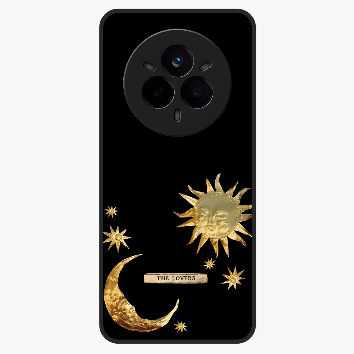 Golden Celestial Charm Glass Case showing flat back view with golden celestial charm artwork and glossy glass finish.