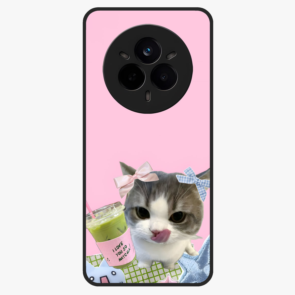 Love Matcha Cat Glass Case showing flat back view with cute cat and matcha themed artwork and glossy glass finish.