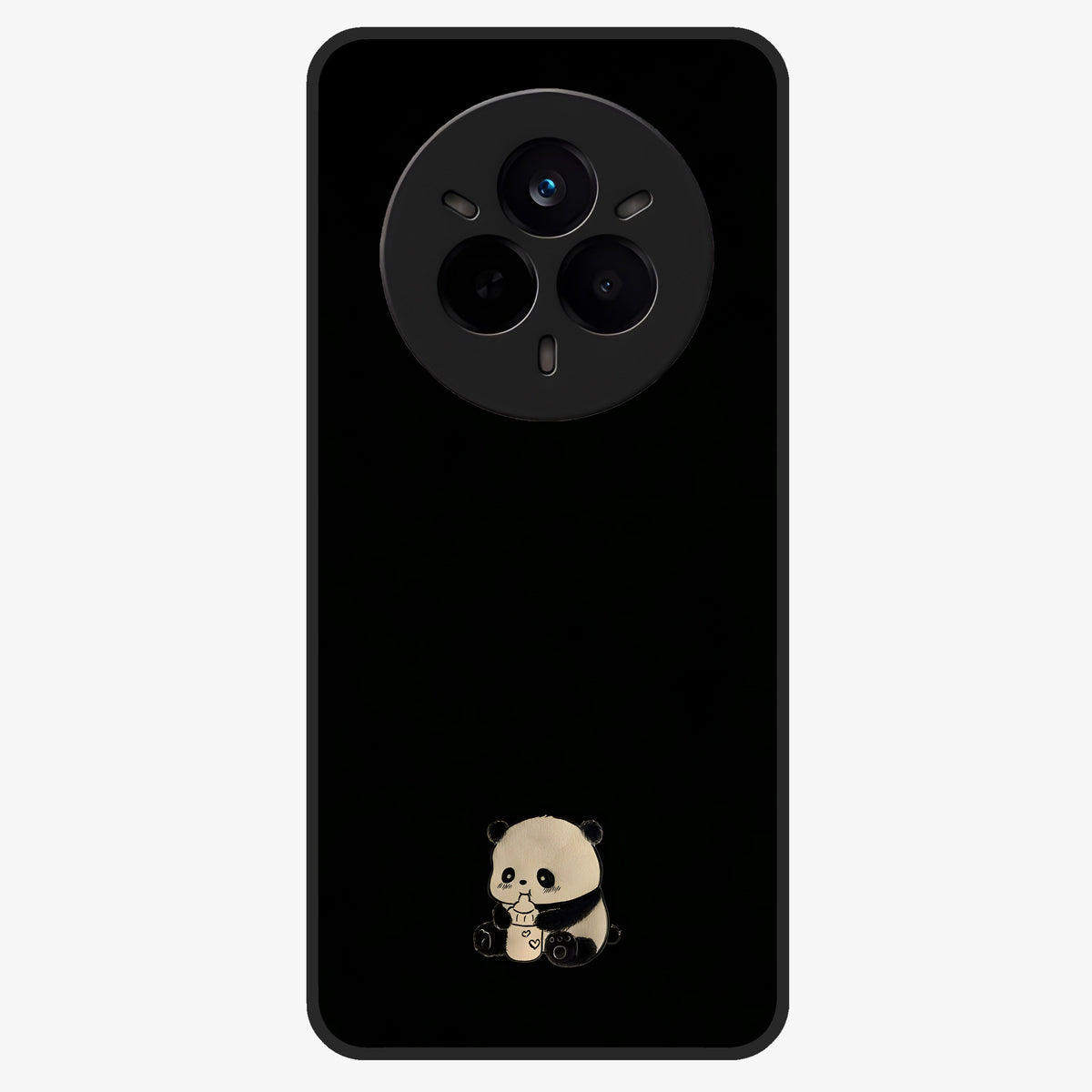 Midnight Panda Love Glass Case showing flat back view with cute panda themed artwork and glossy glass finish.