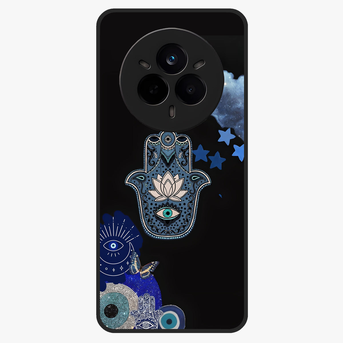 Mystic Hand Aura Glass Case showing flat back view with mystical hand symbol artwork and glossy glass finish.
