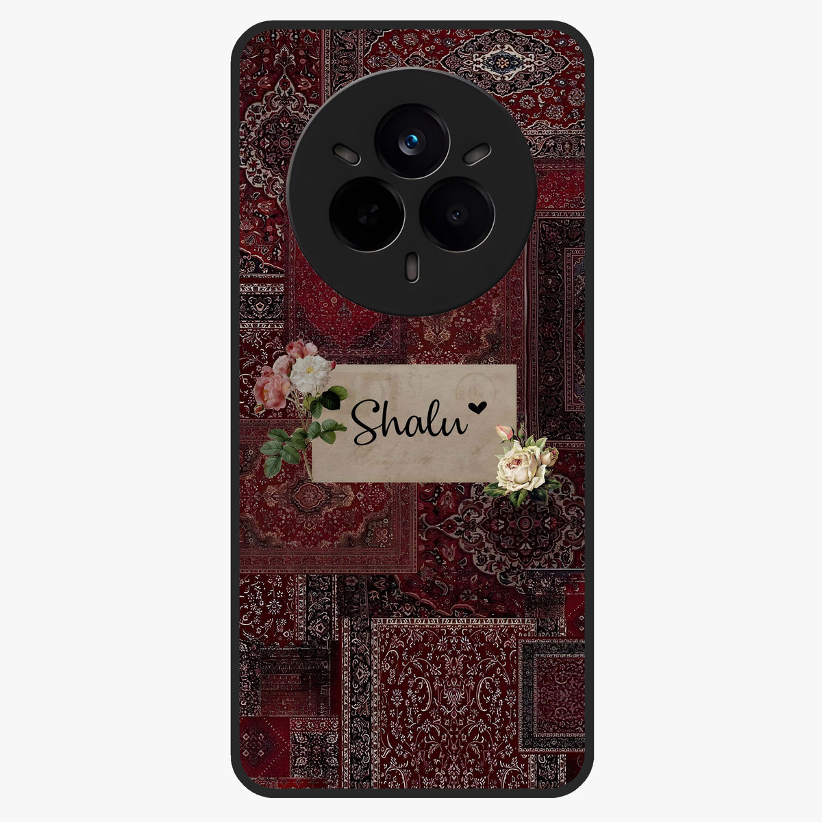 Velvet Wine Pattern Custom Name Glass Case showing flat back view with elegant wine colored pattern artwork and personalized name design.
