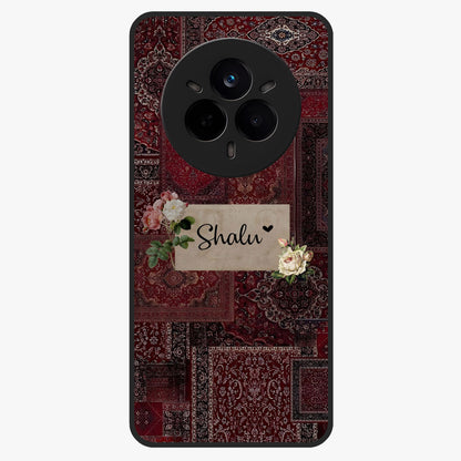 Velvet Wine Pattern Custom Name Glass Case showing flat back view with elegant wine colored pattern artwork and personalized name design.