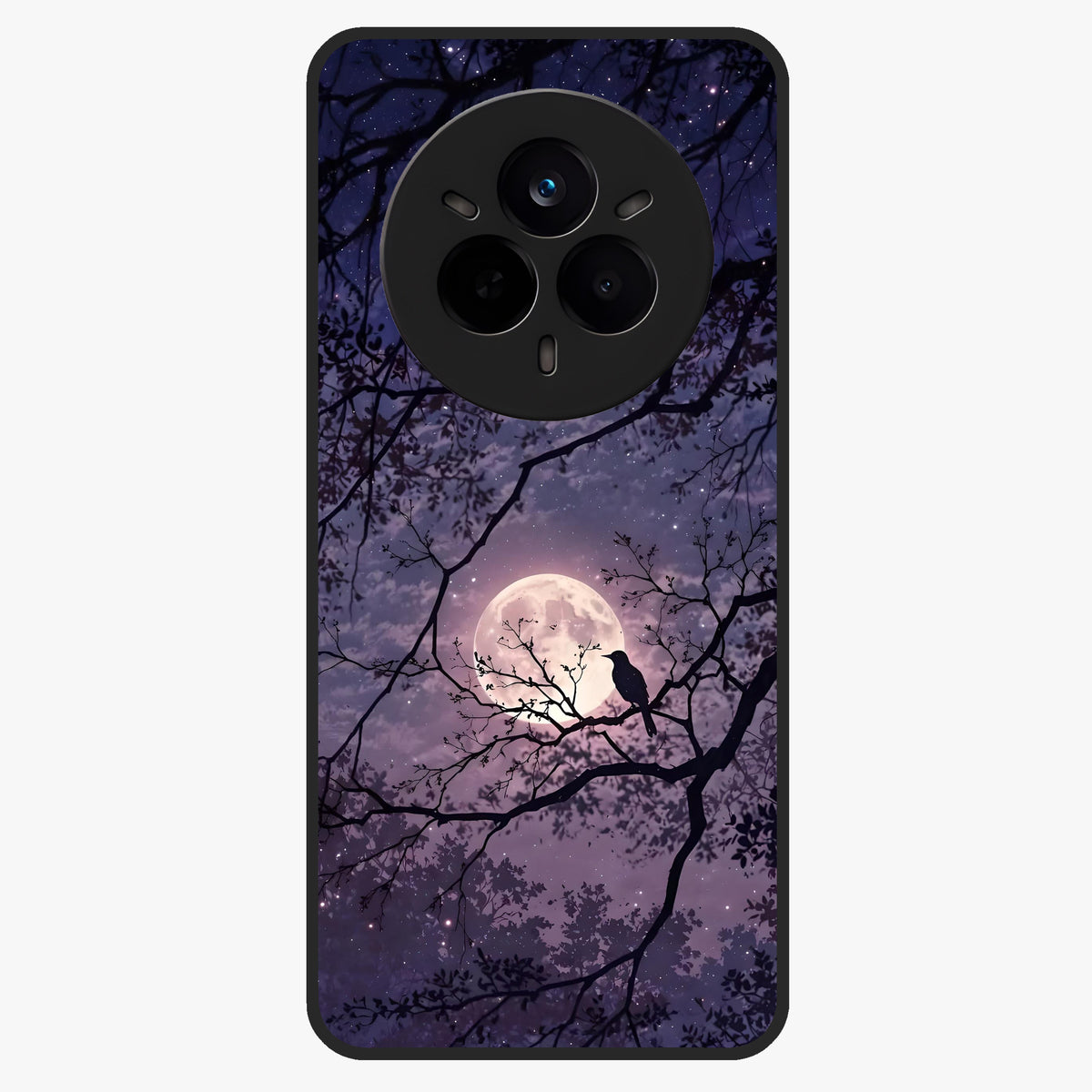 Whispering Moon Silence Glass Case showing flat back view with serene moon themed artwork and glossy glass finish.