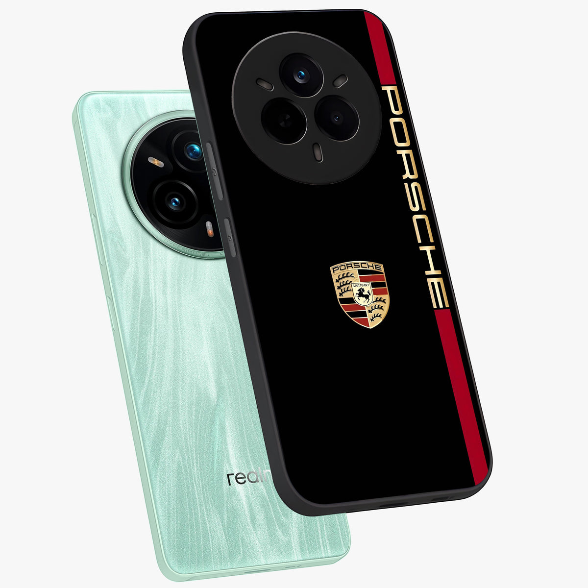 Black Minimal Porsche Glass Case displayed in angled mockup highlighting modern minimal car illustration and clean aesthetic design.