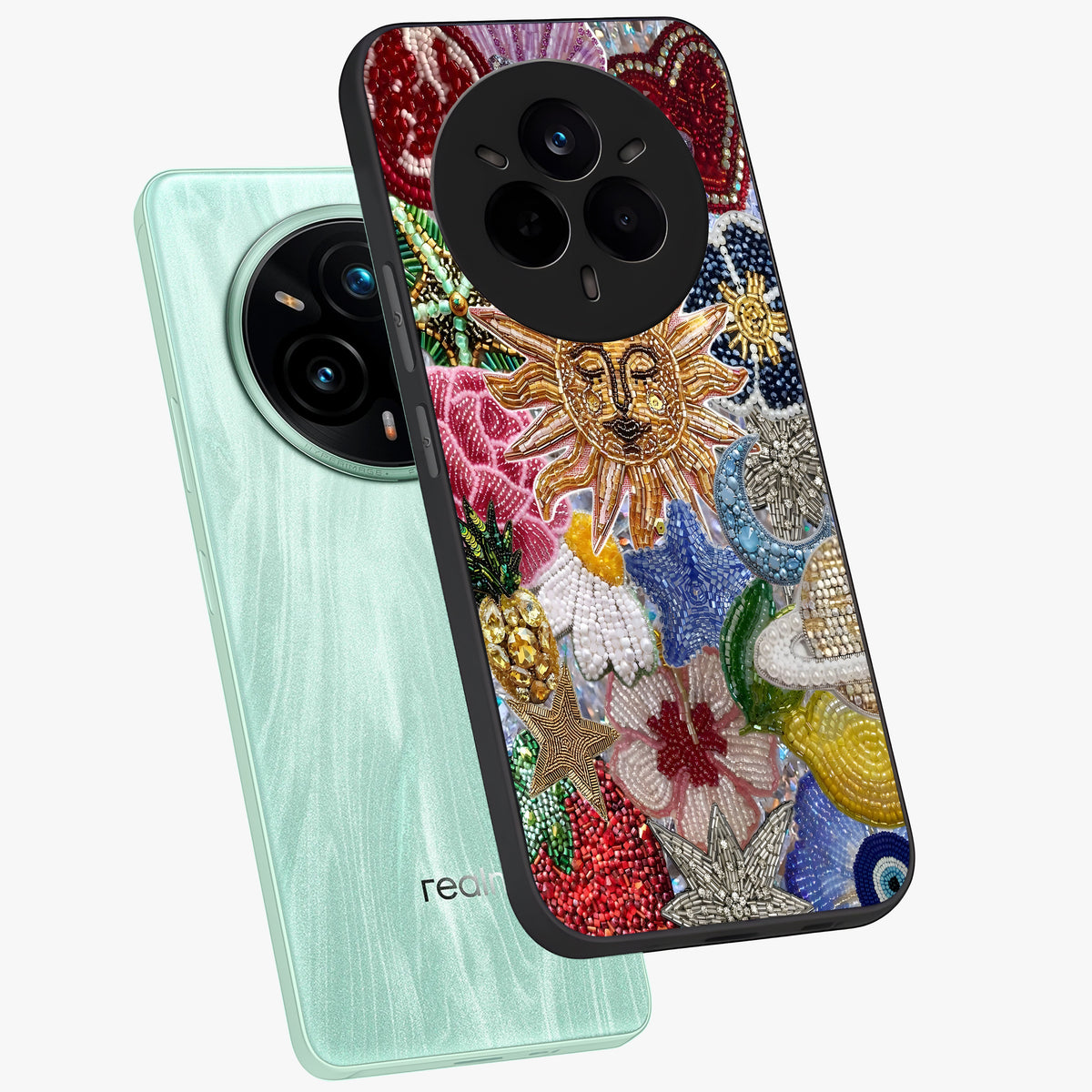 Celestial Floral and Playful Glass Case displayed in angled mockup highlighting playful floral design with dreamy celestial elements.