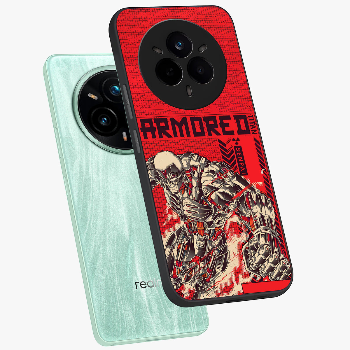Crimson Mecha Titan Glass Case displayed in angled mockup highlighting futuristic mech illustration with bold crimson aesthetic.