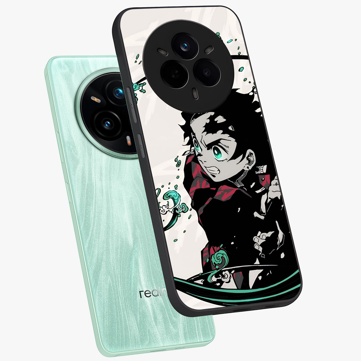 Demon Slayer Glass Case displayed in angled mockup highlighting dramatic anime character design with action aesthetic.