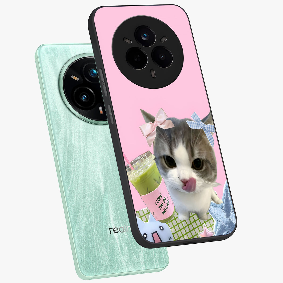 Love Matcha Cat Glass Case displayed in angled mockup highlighting playful feline illustration with cozy matcha aesthetic.