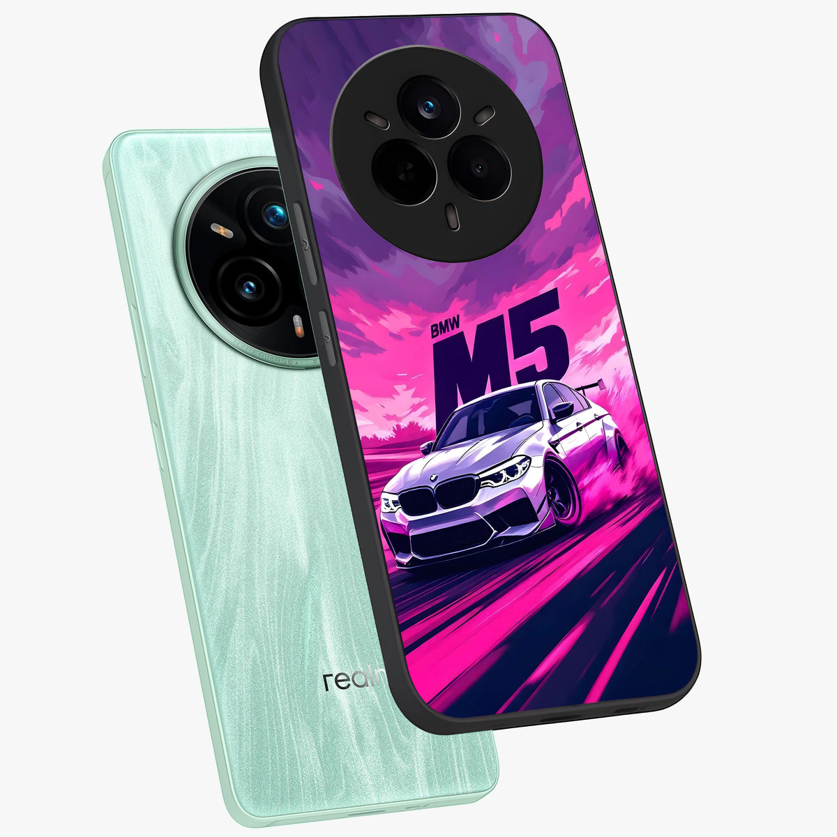 Velocity Drift Pulse Glass Case displayed in angled mockup highlighting dynamic drift design with sporty automotive aesthetic.