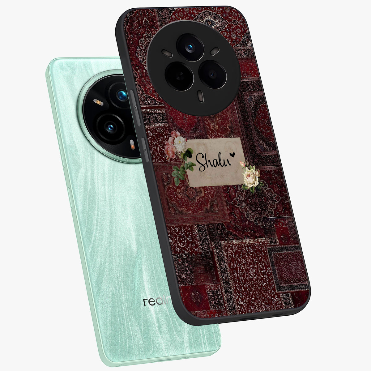 Velvet Wine Pattern Custom Name Glass Case displayed in angled mockup highlighting decorative velvet inspired design with custom name feature.
