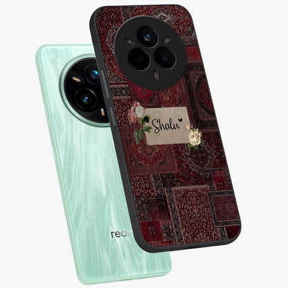 Velvet Wine Pattern Custom Name Glass Case displayed in angled mockup highlighting decorative velvet inspired design with custom name feature.