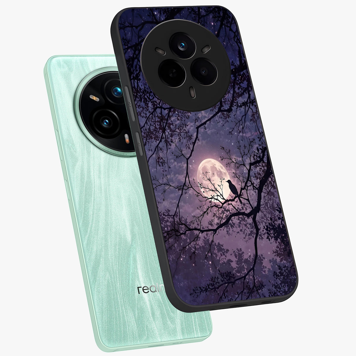 Whispering Moon Silence Glass Case displayed in angled mockup highlighting calm lunar design with dreamy night aesthetic.