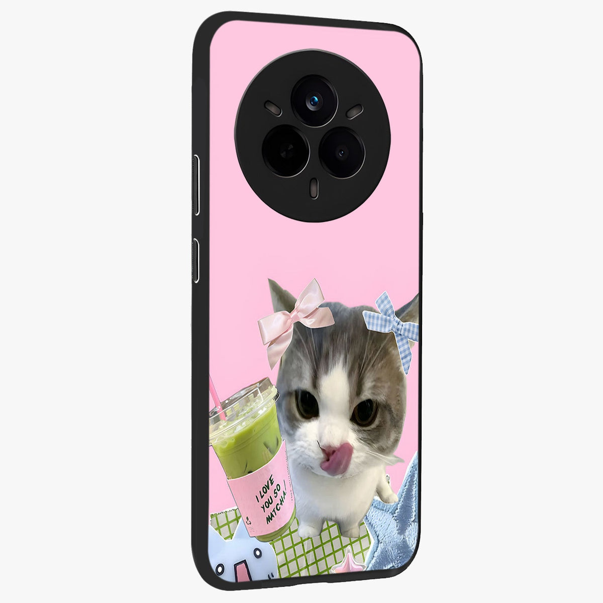 Love Matcha Cat Glass Case upright view showcasing adorable cat artwork with charming matcha themed design.