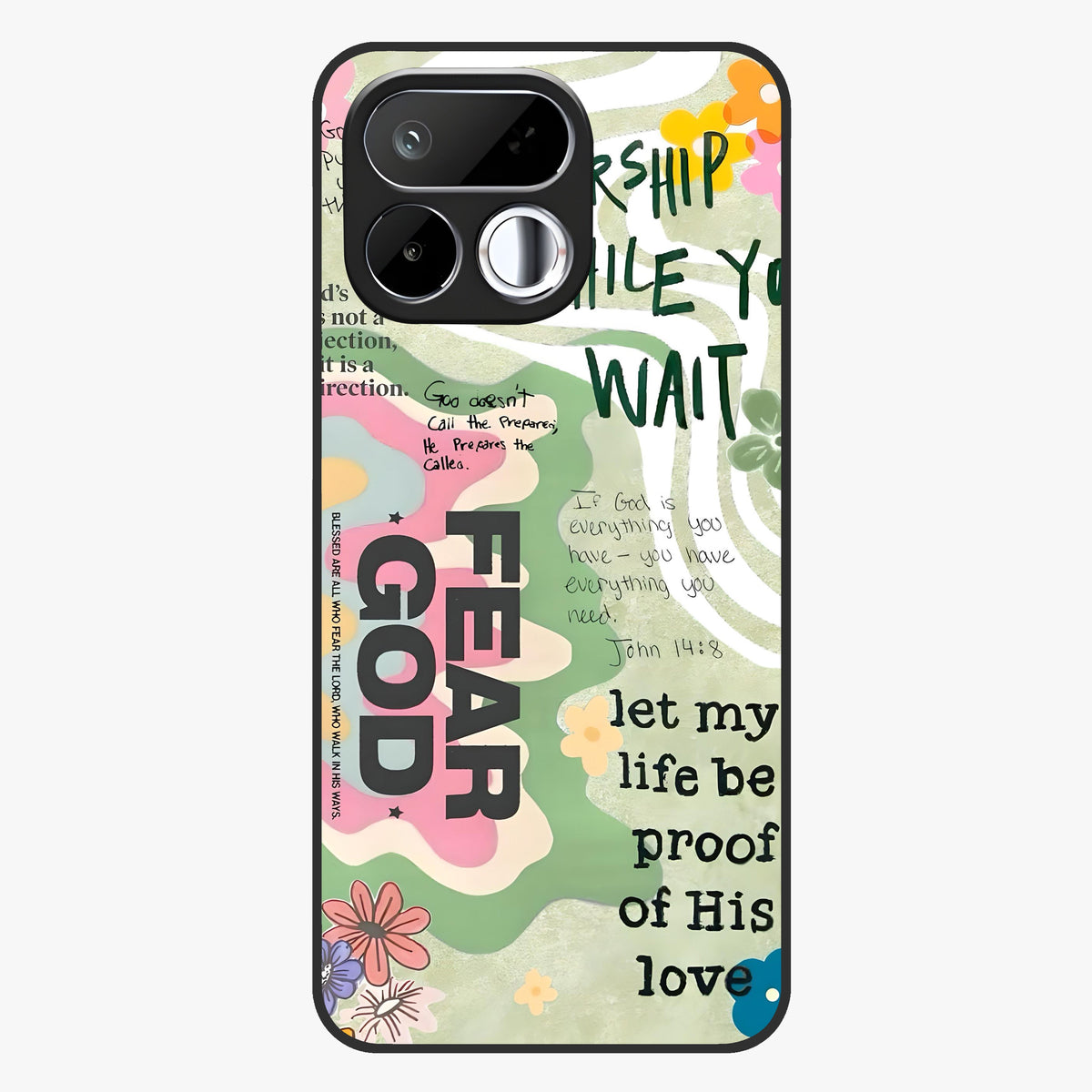 Faith Over Fear Glass Case showing flat back view with motivational typography artwork and glossy glass finish.