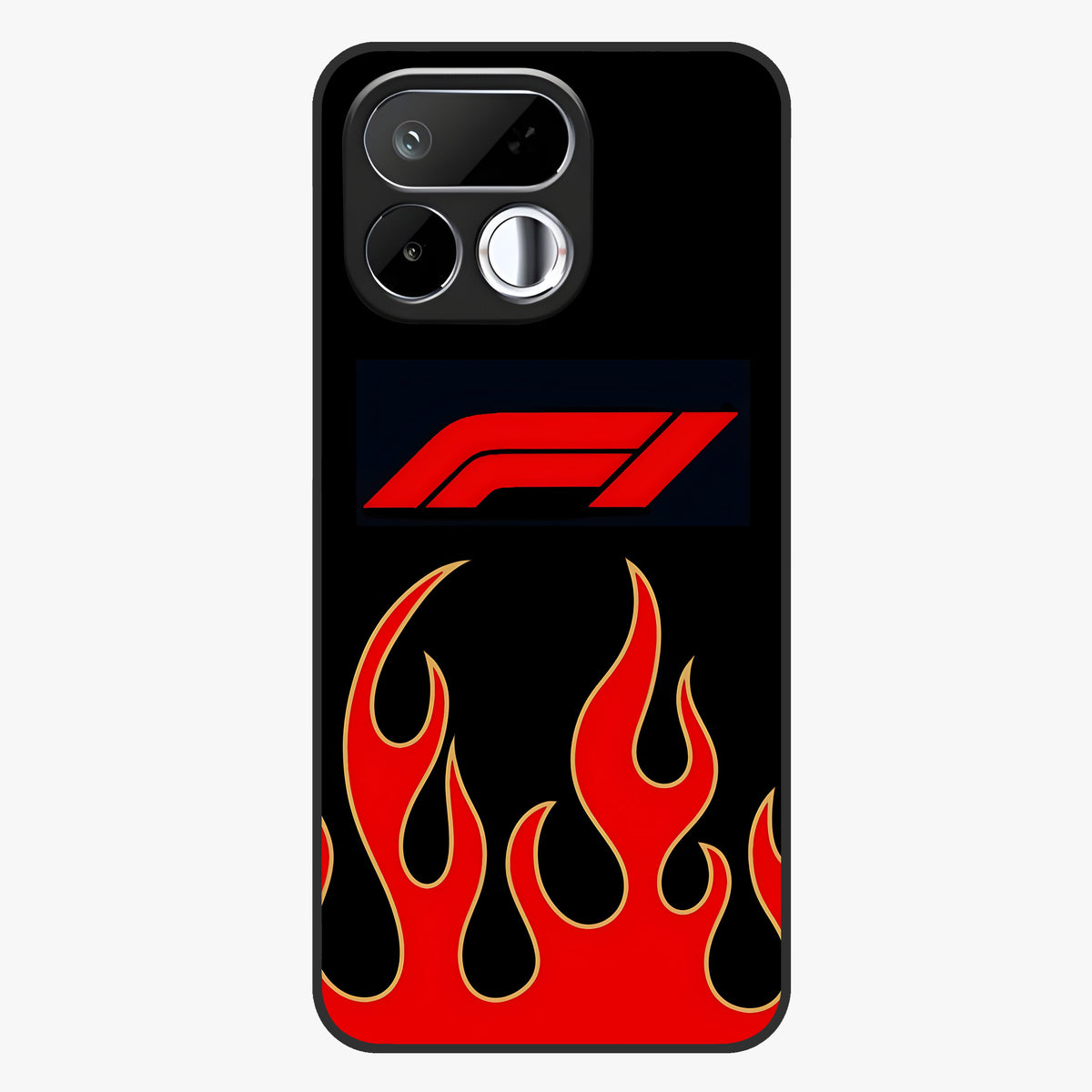 Fire F11 Glass Case showing flat back view with fiery themed artwork and glossy glass finish.