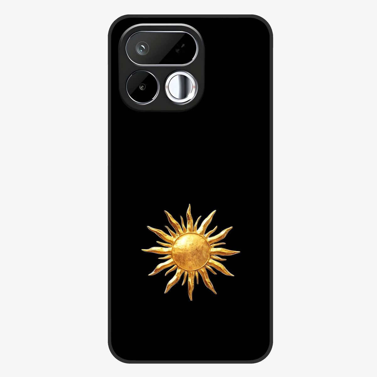 Golden Sun Minimalism Glass Case showing flat back view with minimal golden sun artwork and glossy glass finish.