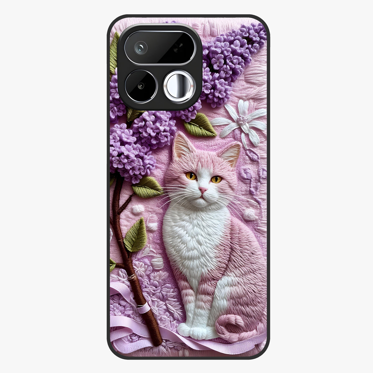Lavender Cat Whimsy Glass Case showing flat back view with cute lavender cat artwork and glossy glass finish.