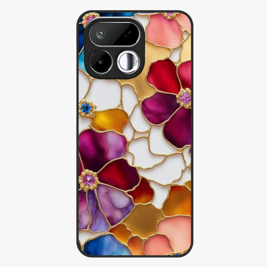 Marble Flower Pattern Glass Case showing flat back view with marble texture floral artwork and glossy glass finish.