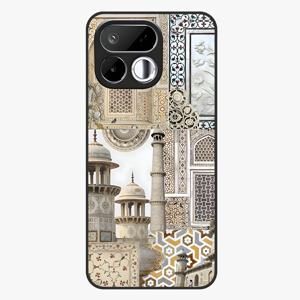 Mughal Marble Legacy Glass Case showing flat back view with intricate Mughal inspired marble pattern and glossy glass finish.