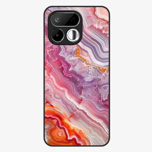 Rose Quartz Marble Glass Case showing flat back view with pink marble quartz texture artwork and glossy glass finish.