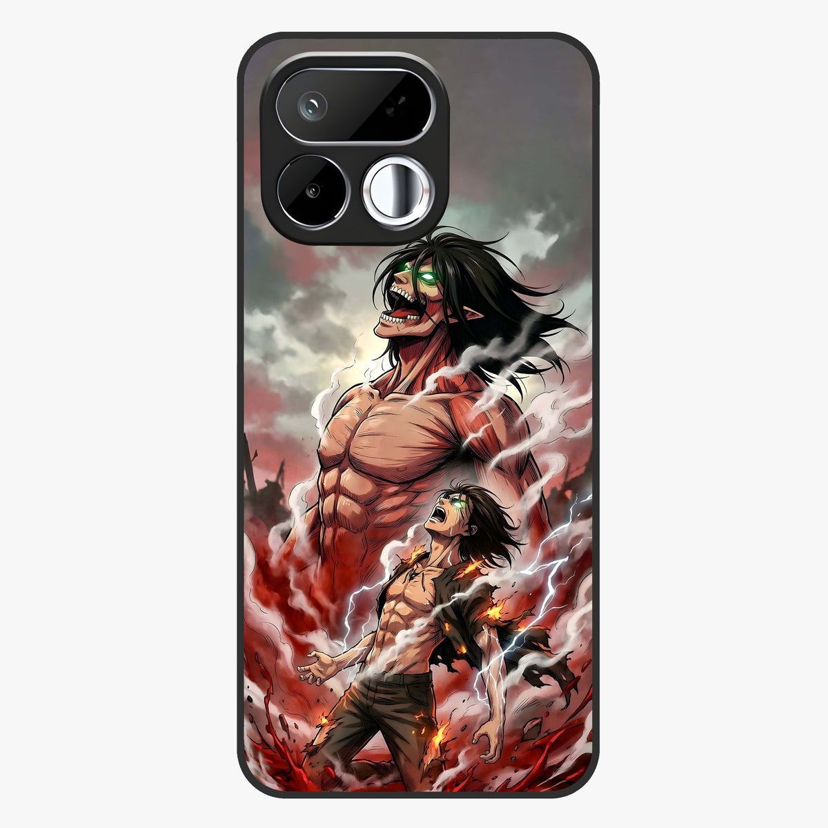 Titan Awakening Fury Glass Case showing flat back view with powerful titan inspired artwork and glossy glass finish.