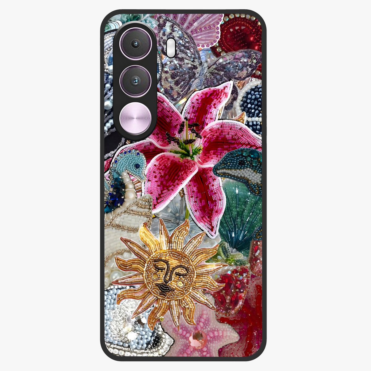 Beaded Garden Fantasy Glass Case showing flat back view with dreamy garden bead artwork and glossy glass finish.