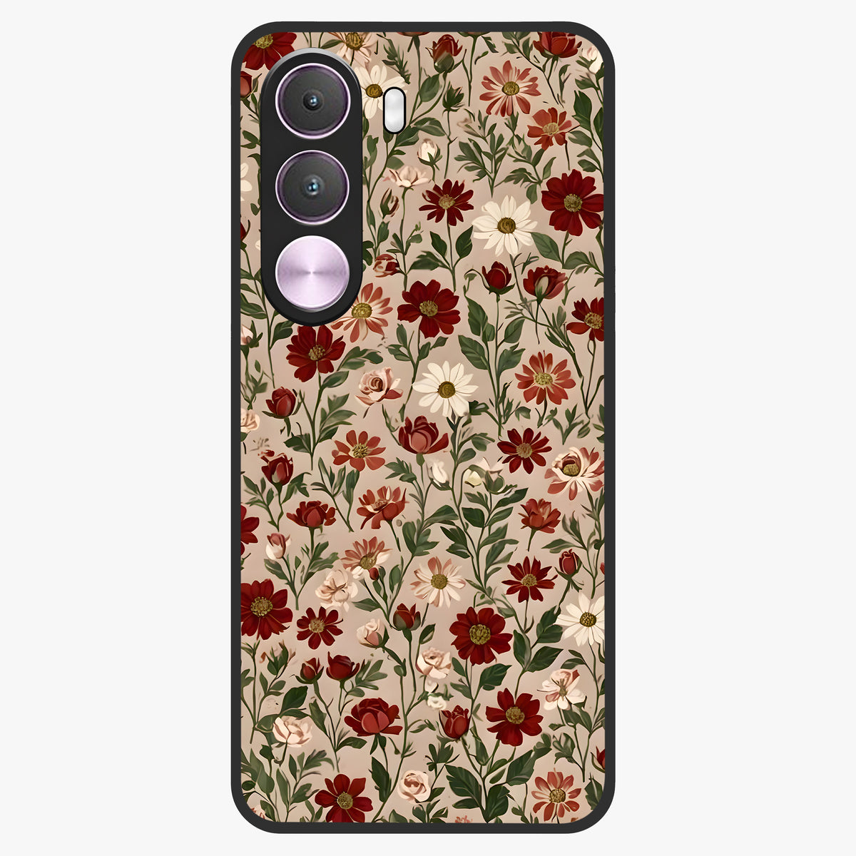 Biege Flower With Leaf Glass Case showing flat back view with soft beige floral artwork and glossy glass finish.